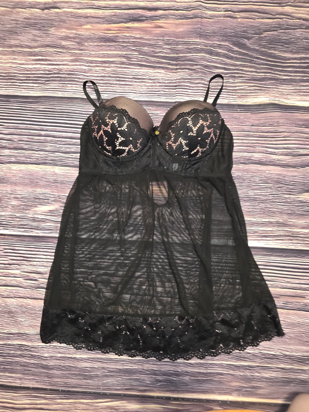 Daisy Fuentes Black Lace & Sheer Babydoll Chemise